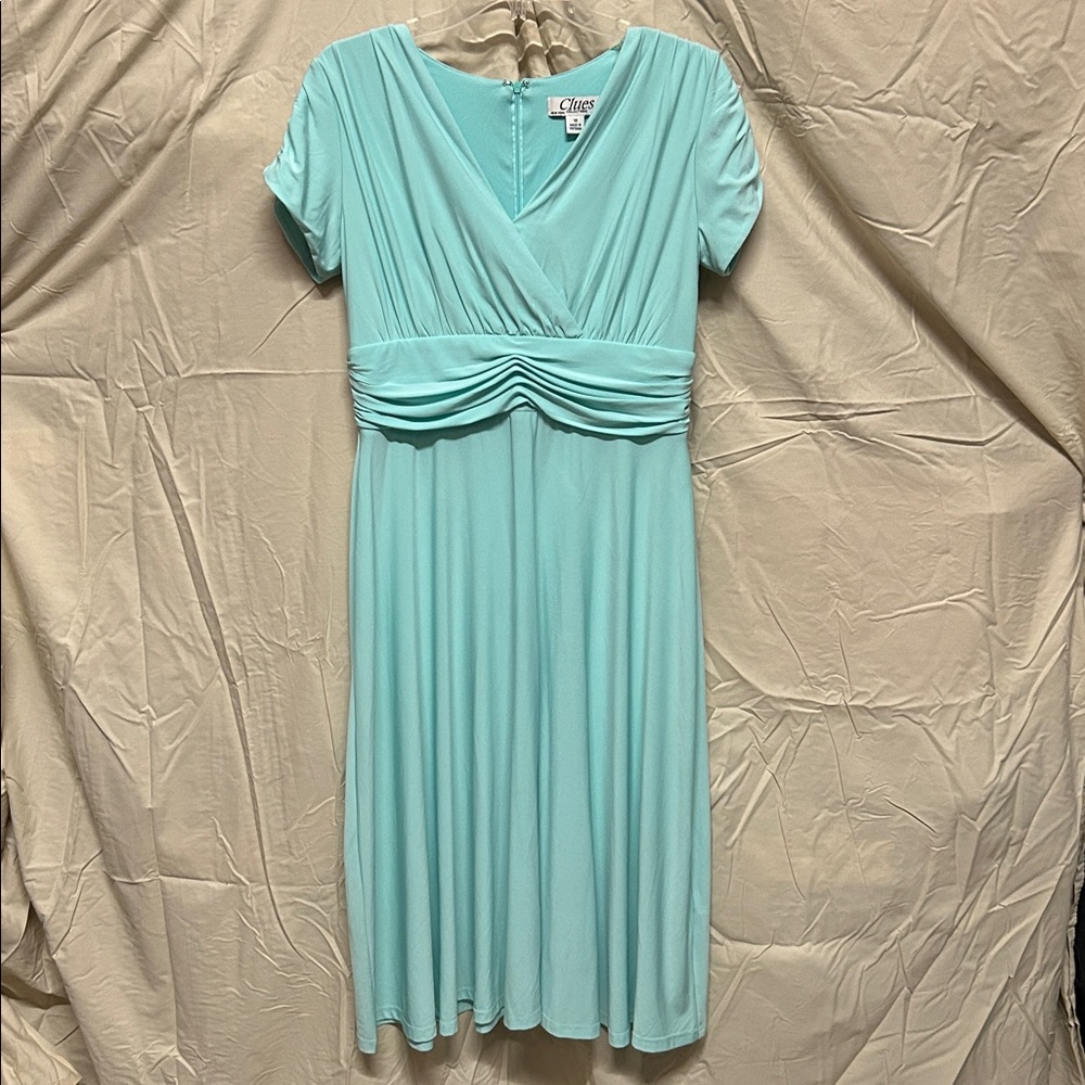 Chaps Light Blue Midi Dress with Ruched Waist